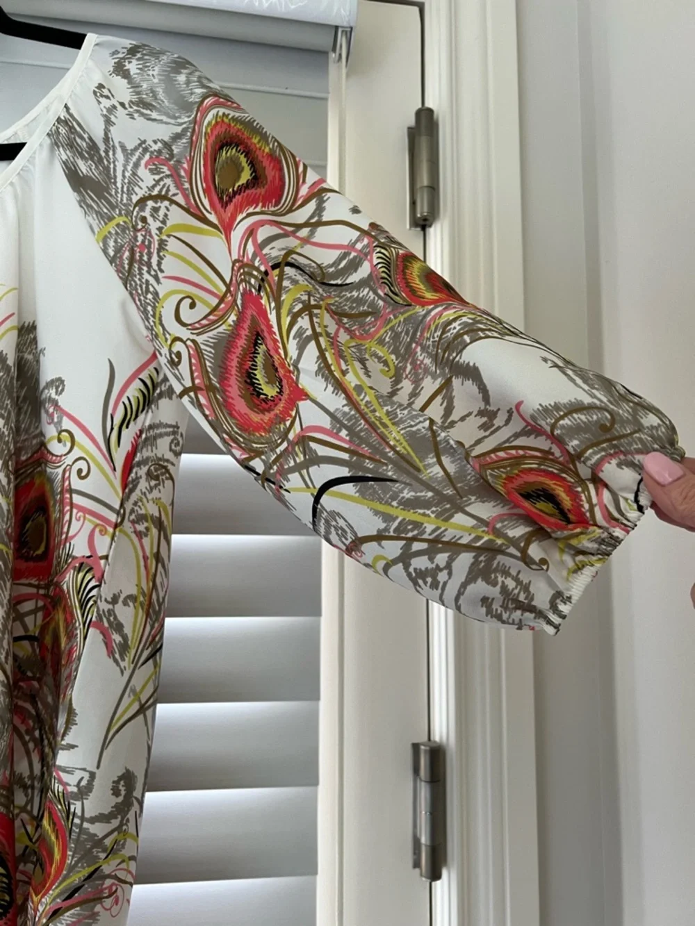 Women's White Peasant Blouse with Multicolor Feather Print - Picture 3 of 7